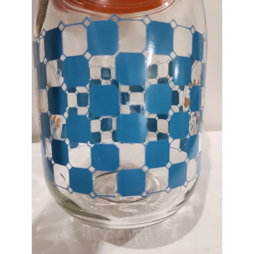 Vintage Carlton Glass Jar With Blue Checkered Pattern And Floral Design